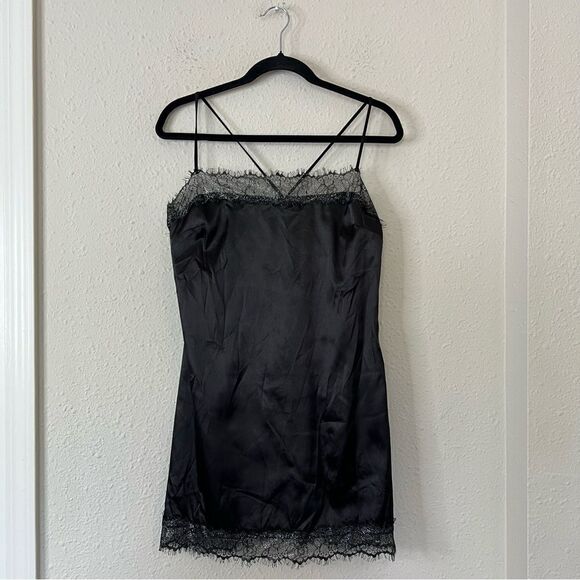 Meshki Satin Lace Trim Black Slip Mini Dress NEW Size Large - Picture 3 of 7